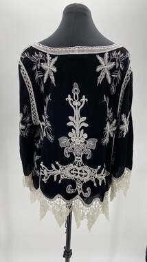 Beulah Style Black and Ivory Embroidered Boho Top with Crochet Hem